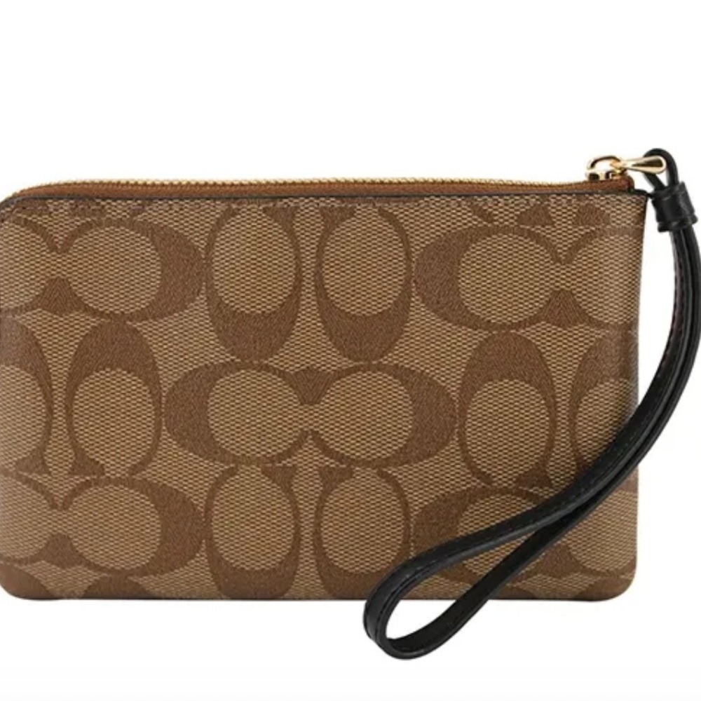 Coach Women’s Leather Corner Zip Wristlet In Signature Canvas With Black Stripe - Picture 3 of 12